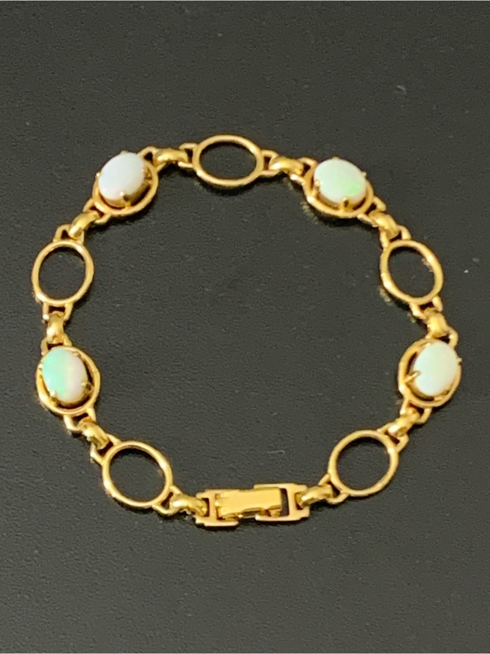 1950's 14k Gold Filled Opal Oval Cabocho  Leaf Swirl Filigree Tennis 8" Bracelet